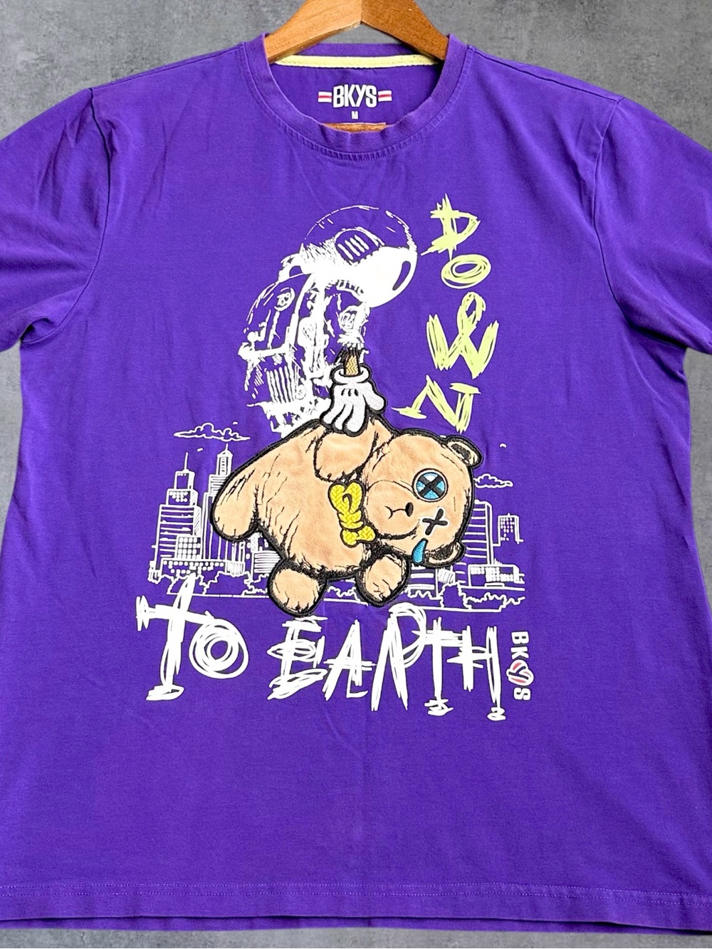 BKYS Mens M Purple Graphic T Shirt Teddy Bear Astronaut Streetwear Urban Hip Hop